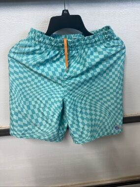 Kids Checkerboard Turquoise Swim Trunks with Orange Drawstring